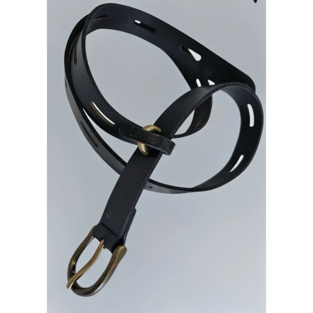 Black Leather Belt 44-46 Inch Antique Brass Buckle Western Statement Unisex